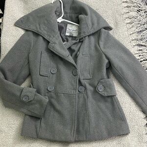 Grey wet seal peach with button closure, pockets, oversized collar